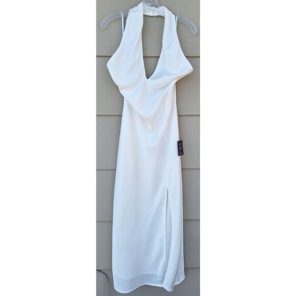 Lulus White Satin Slip Dress Halter Criss Cross Neckline Side Slit Low Back Sz L - Picture 3 of 12
